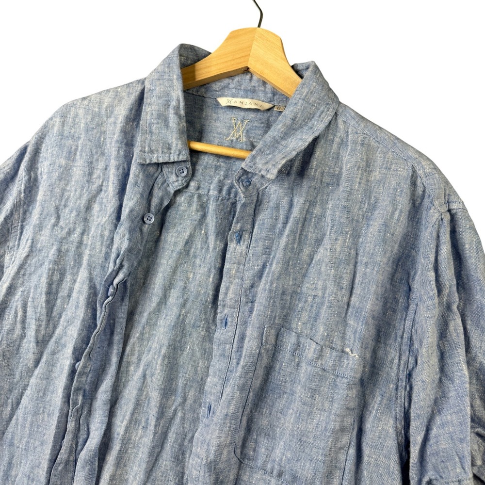 Amiani Mens Blue 100% Linen Short Sleeve Button Down Shirt Size G Large